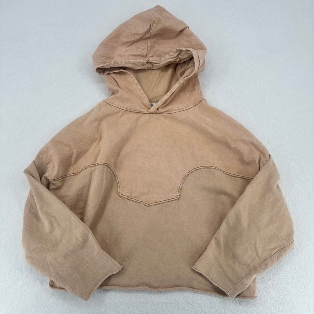 Zara Cropped‎ Hoodie Tan Beige Pullover Sweatshirt Size Small - Picture 14 of 15